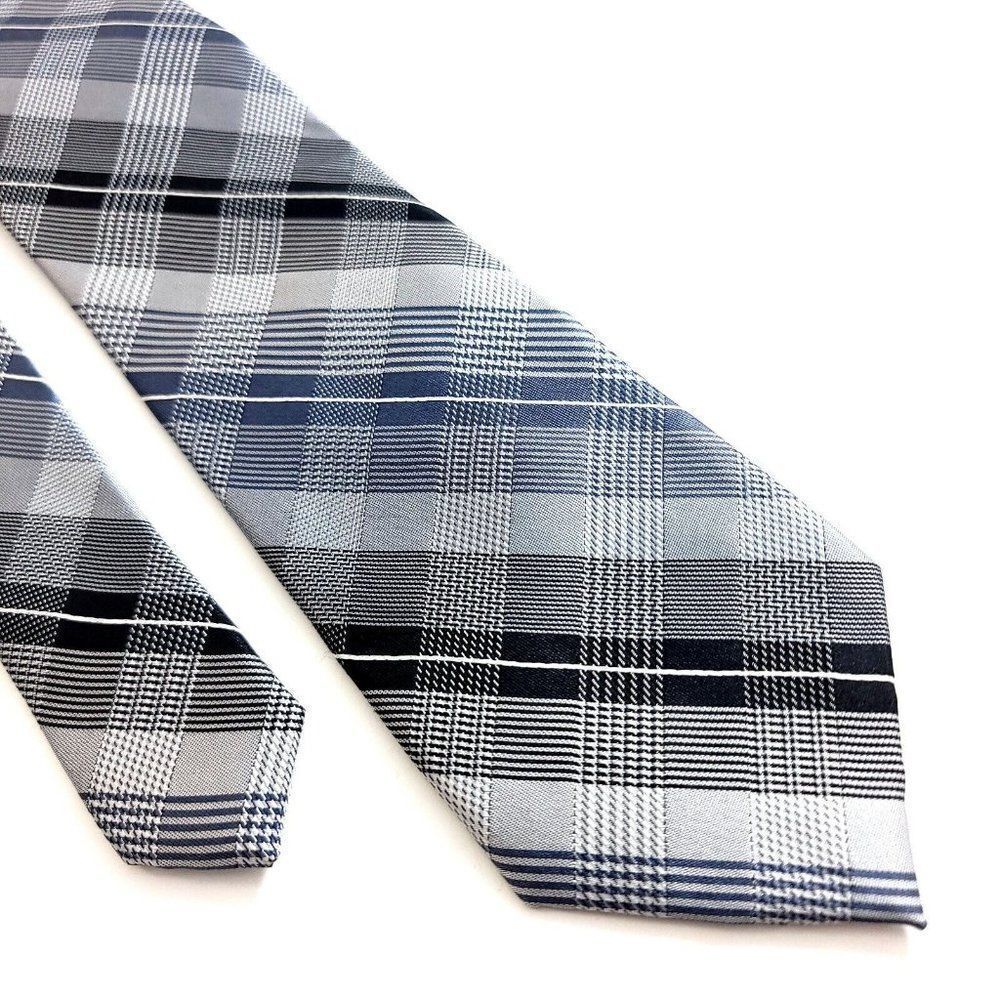 Calvin Klein Gray Blue Plaid Woven Silk Tie‎